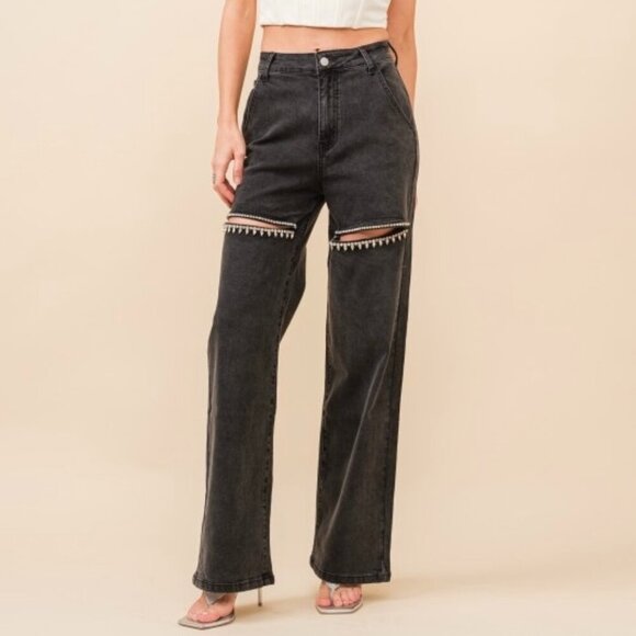 1 LEFT!! EXACTLY WHAT YOU THINK BLACK RHINESTONE JEANS - Picture 1 of 2